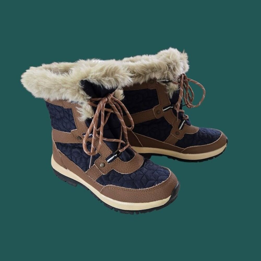 Ladies 7 Bearpaw Marina Snow Boots Waterproof Quilted Navy BRN Leather Faux Fur - Picture 12 of 13